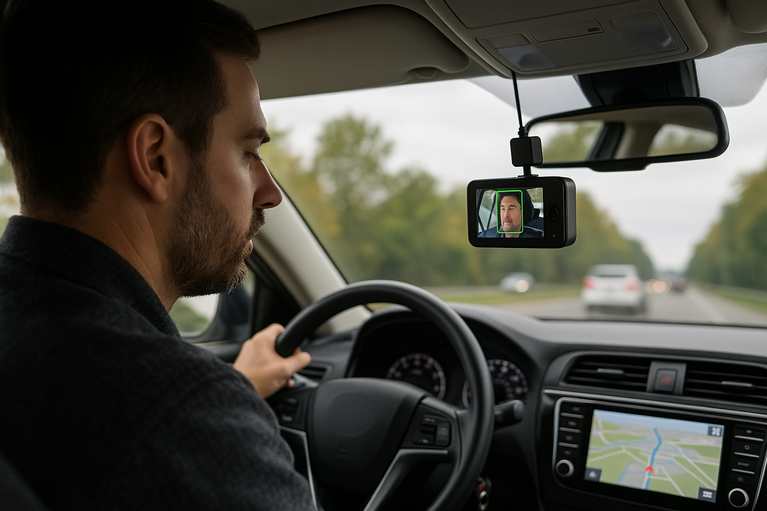 Man driving a car with a rearview mirror camera and GPS display.