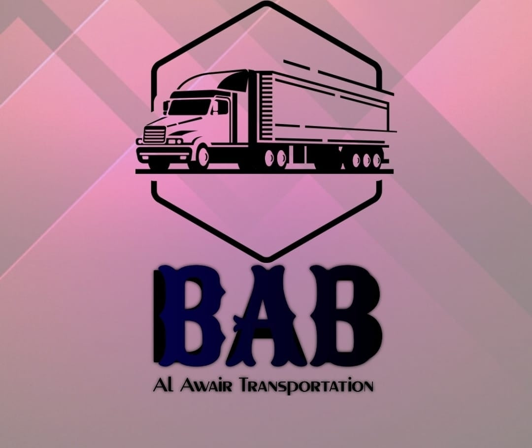 Logo of Al Awair Transportation with a truck silhouette on a pink and gray geometric background.