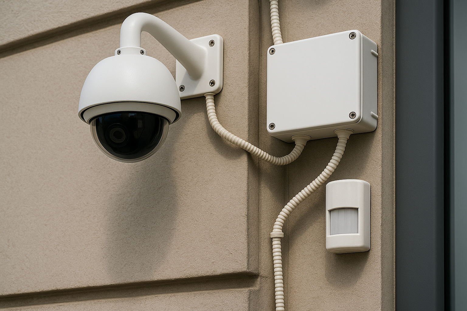 Security camera system on a wall with a control box and motion detector.