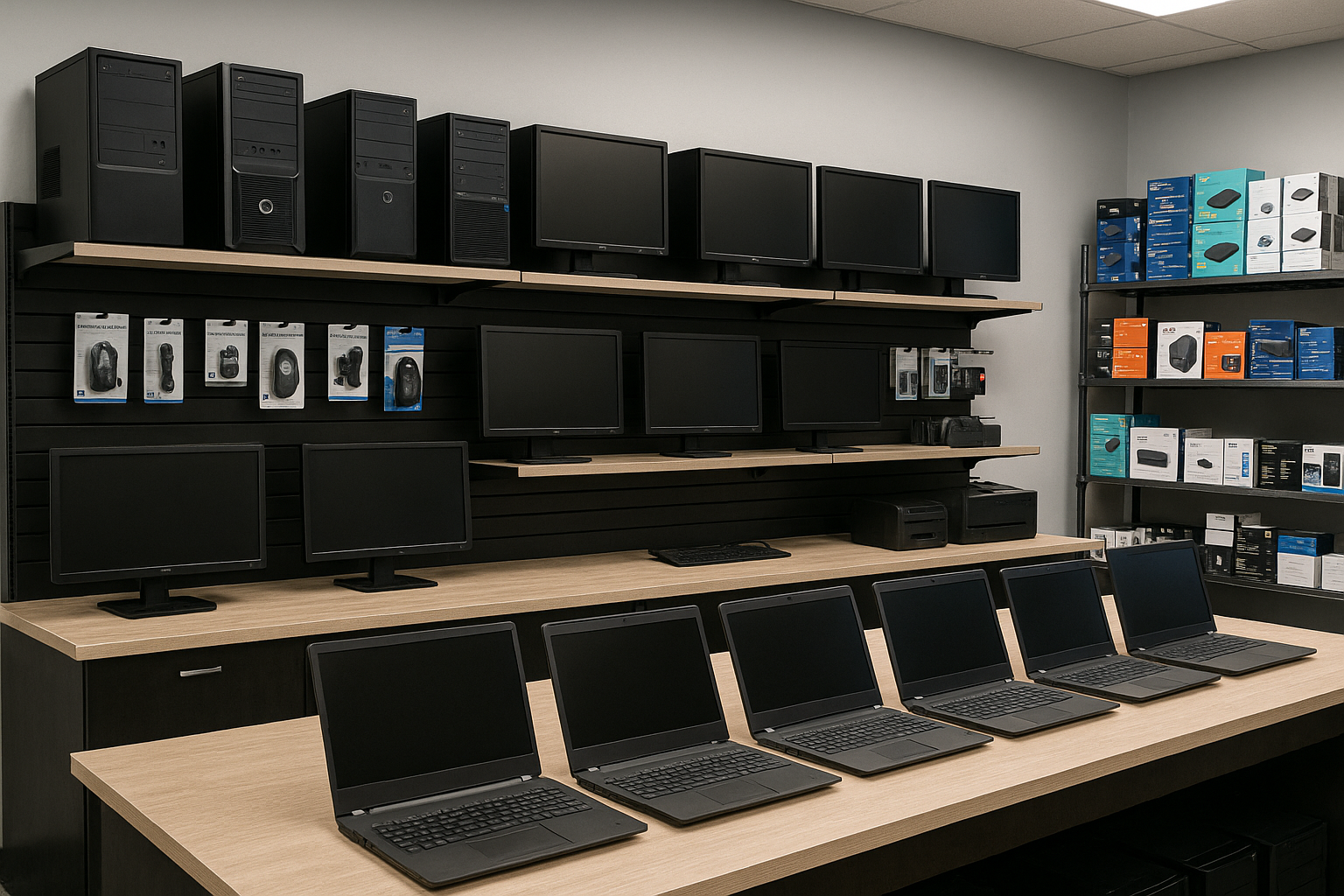 Display of computer monitors and laptops in a store setting