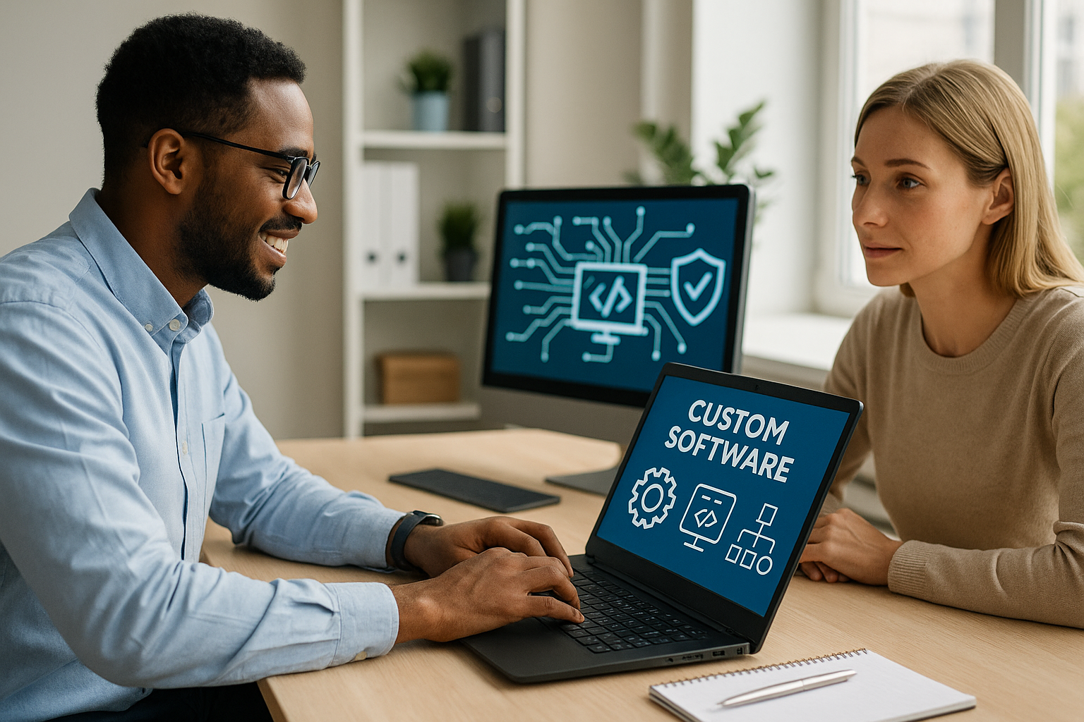 Two people working together on a laptop with custom software graphics displayed.