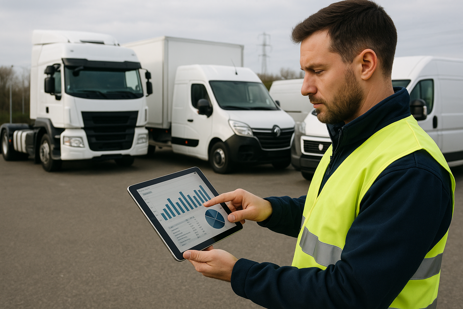 Man in a high-visibility jacket using a tablet with trucks in the background