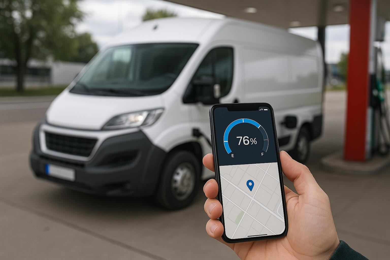 Person holding a smartphone with a fuel efficiency app in front of a white van at a gas station.