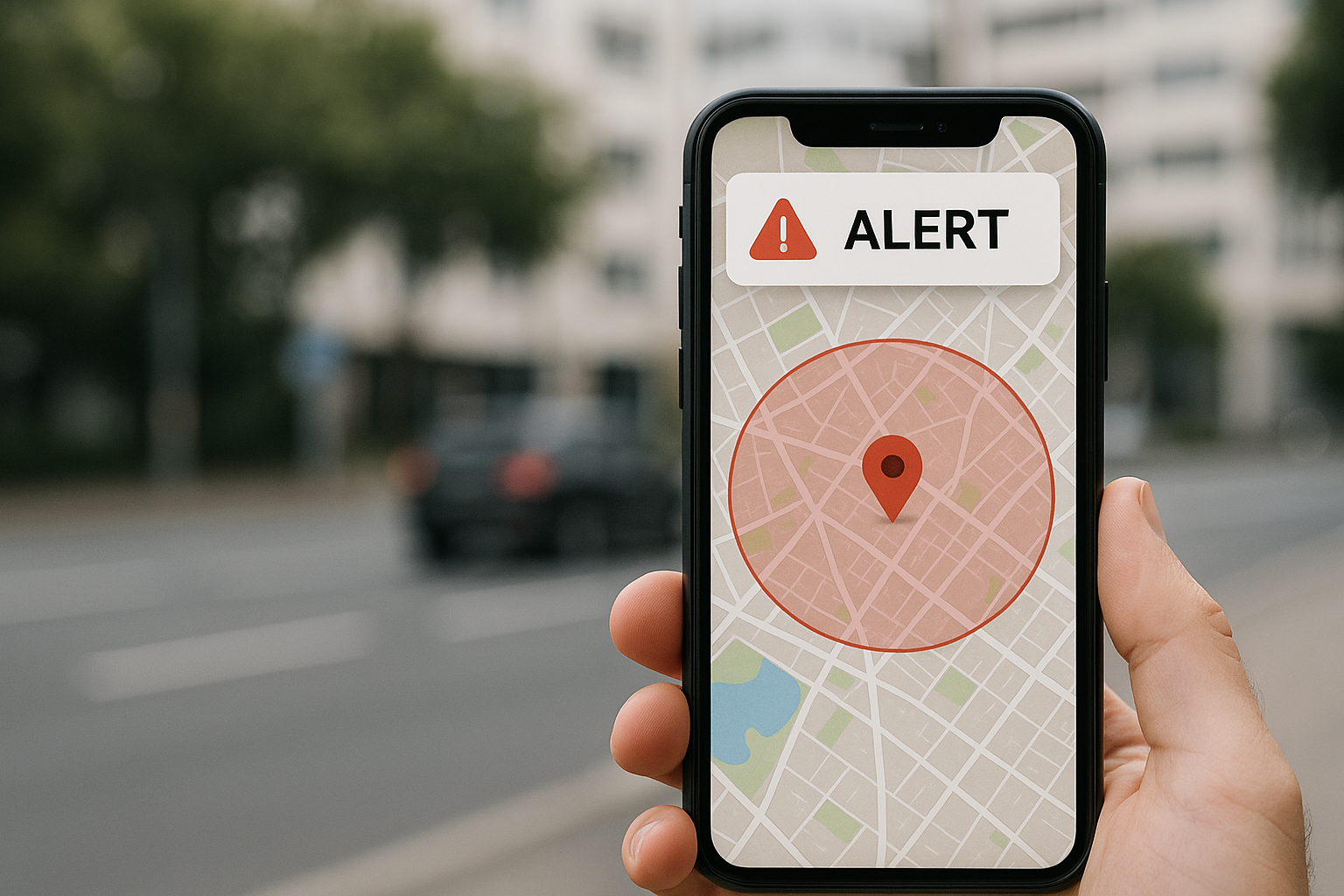 Hand holding a smartphone with an alert app on a blurred street background