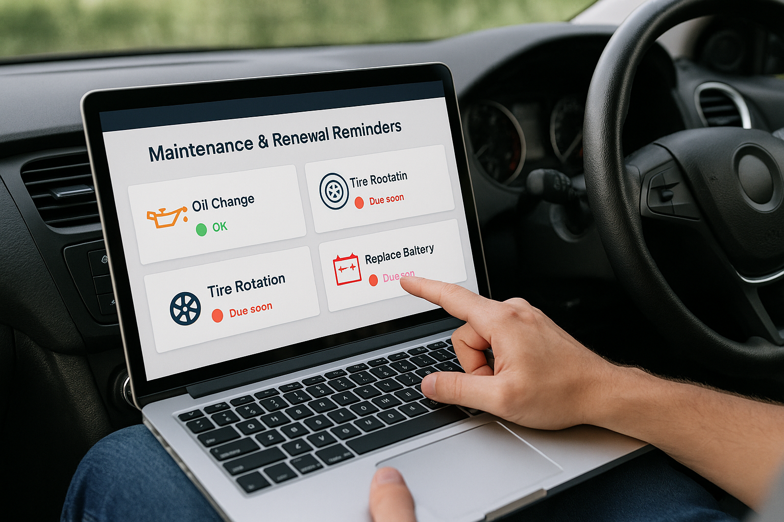 Person using a laptop with maintenance reminders in a car