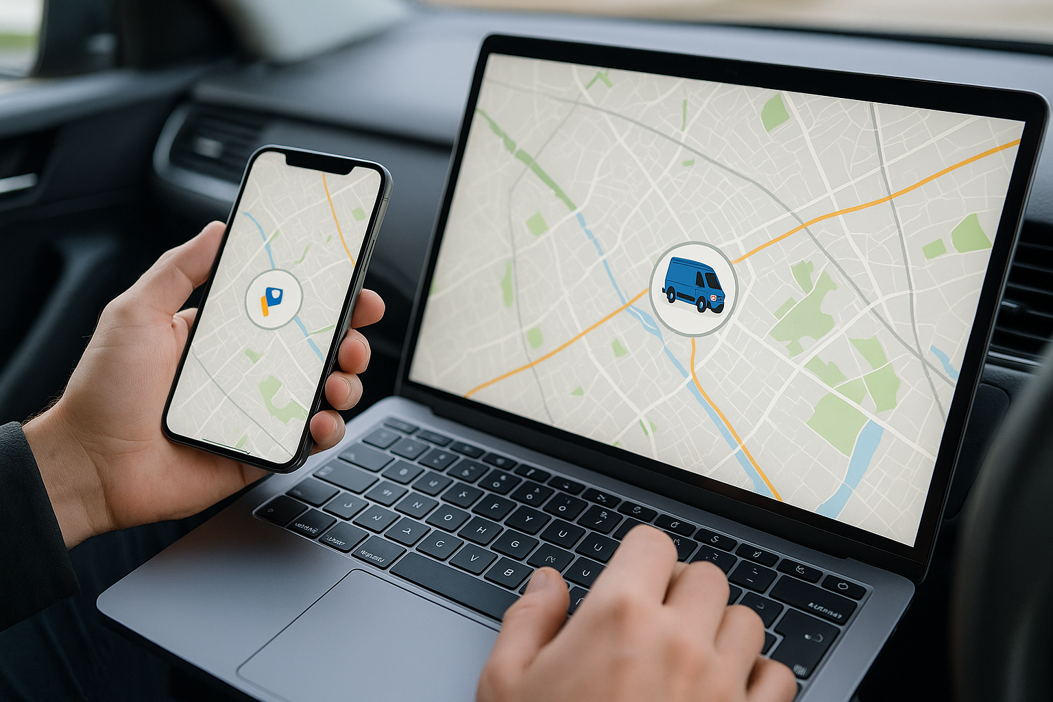 Person using a laptop and smartphone with navigation apps on a car dashboard.