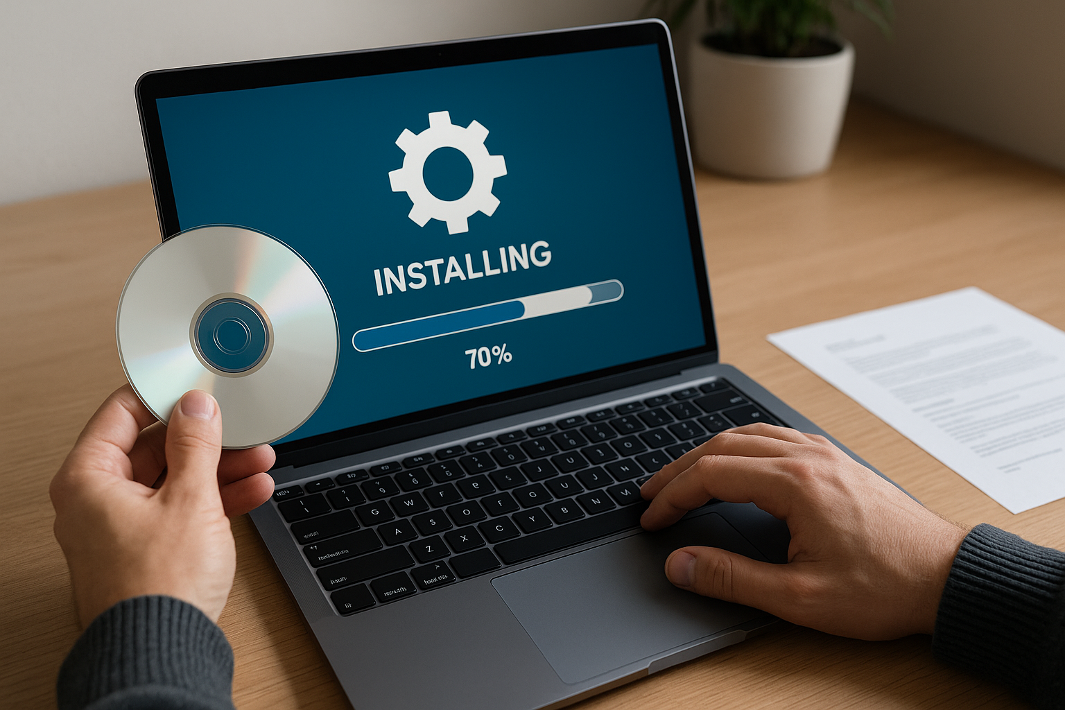 Laptop with installation progress on screen and person holding a CD.