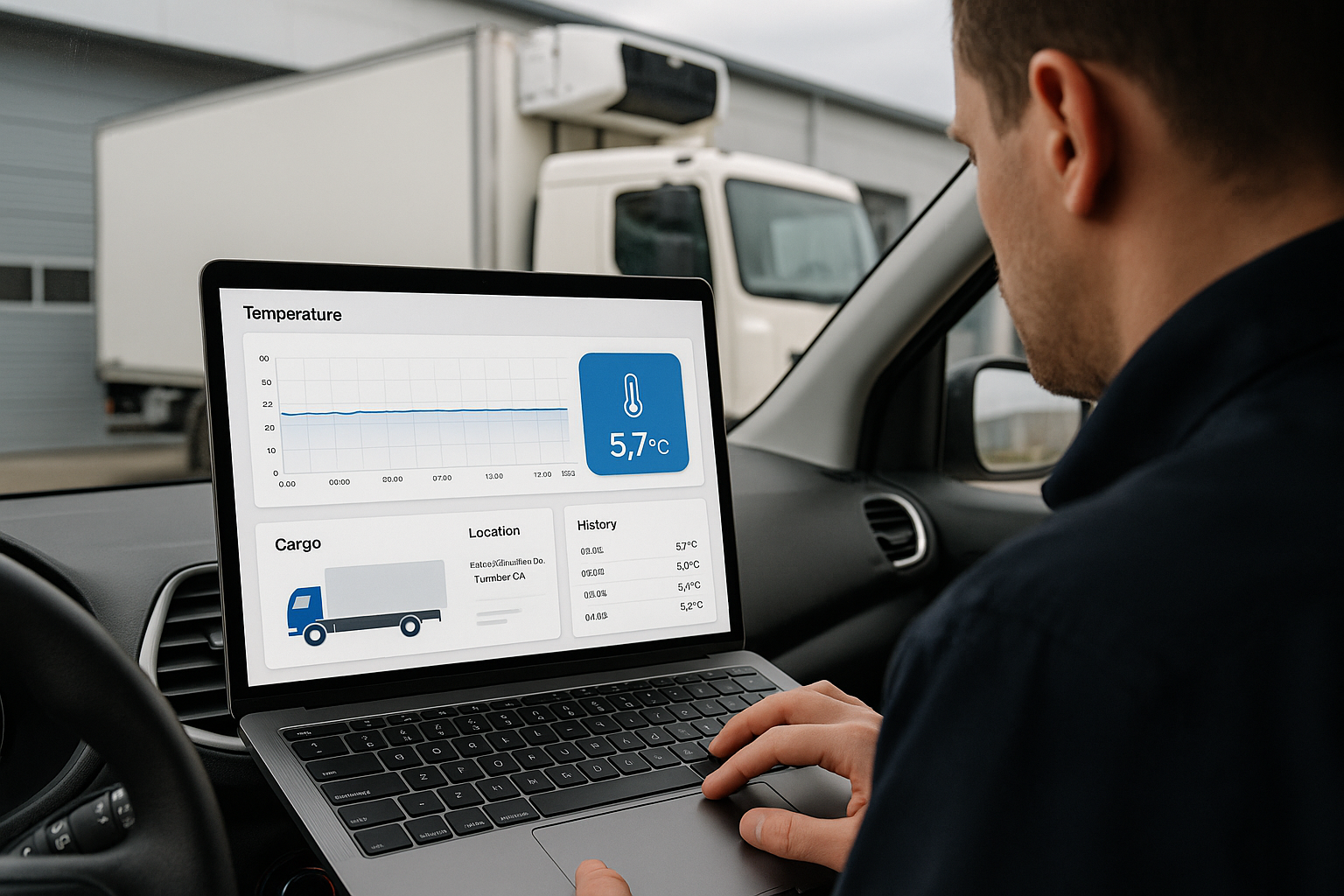 Person using a laptop in a vehicle with a temperature monitoring app displayed on the screen.