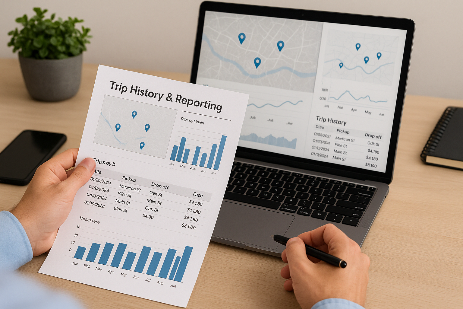 Person holding a printed trip history report with a laptop displaying similar data on a desk.