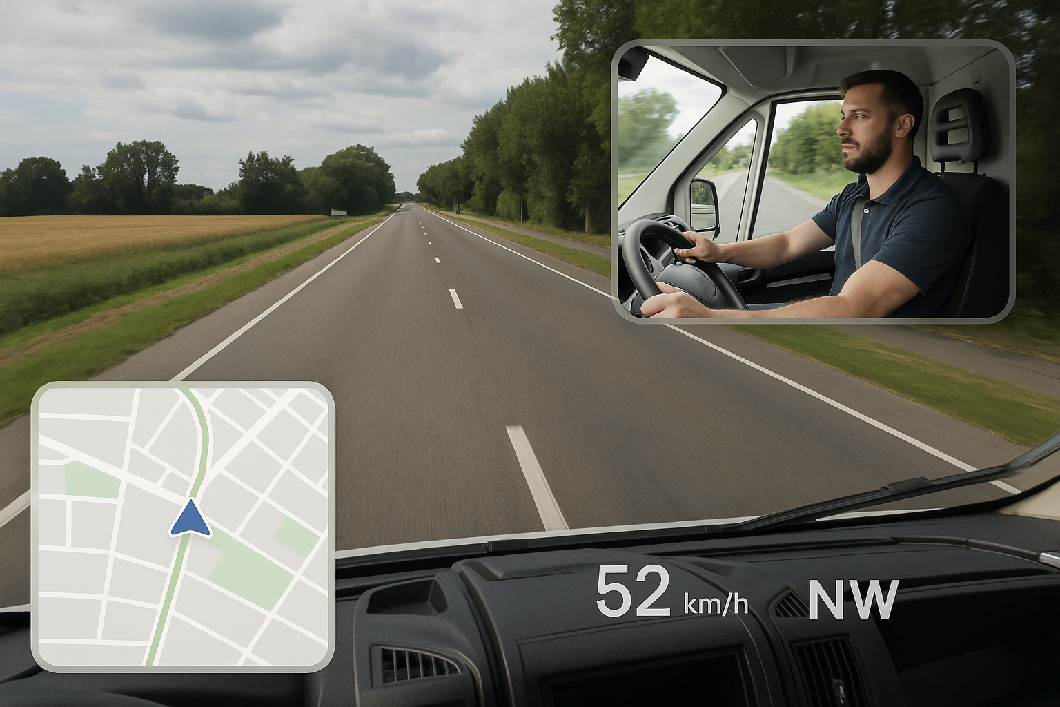 Driver inside a vehicle with a map inset and speedometer display on the dashboard.