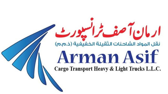 Logo of Arman Asif Cargo Transport Heavy & Light Trucks L.L.C. with Arabic text and blue and red design elements.